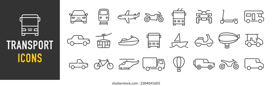 transport and vehicle web icons in line style. Cars, airplane, bus, parking, travel, train, bike, scooter, truck, helicopter, collection. Vector illustration.