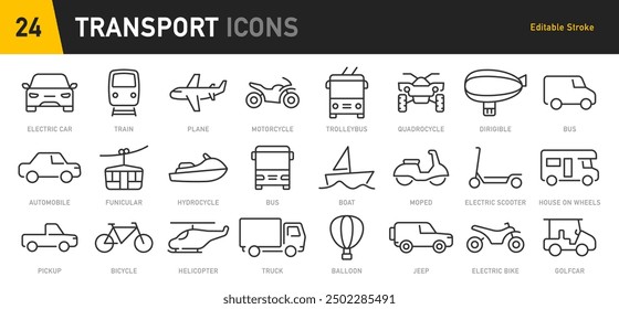 Iconos web de transporte y vehículo en estilo de línea. Coches, avión, autobús, aparcamiento, viaje, tren, bici, scooter, camión, helicóptero, colección. Ilustración vectorial.