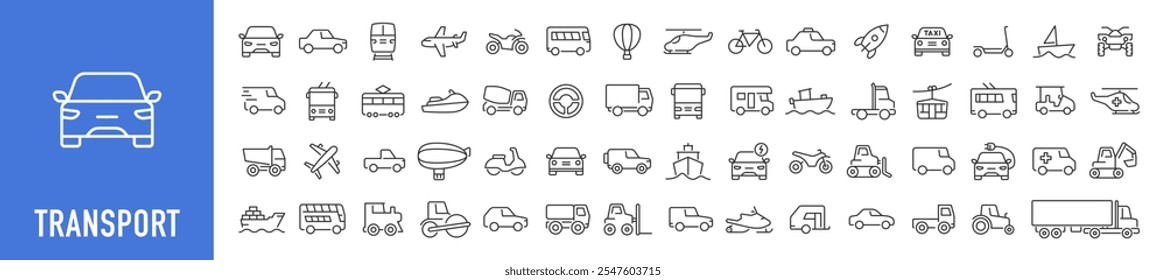 Ícones da Web de transporte e veículo em estilo de linha. Carros, avião, ônibus, estacionamento, viagens, trem, bicicleta, scooter, caminhão, helicóptero, coleção. Ilustração vetorial.	