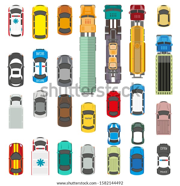 Transport vehicles collection with service cars and\
trucks top view