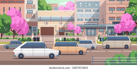 Transport vehicles drive along road of modern Asian city. Japan cityscape with car traffic. Cartoon vector illustration 