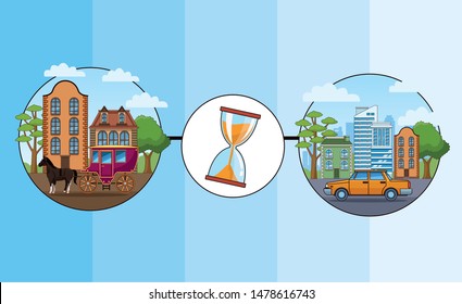 Transport and vehicles evolution, transportation timeline, template infographic with differents styles of cars and horse carriages. vector illustration graphic design