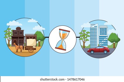 Transport and vehicles evolution, transportation timeline, template infographic with differents styles of cars and horse carriages. vector illustration graphic design