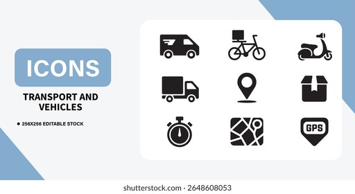Transport and Vehicles Icon Bundle – Cars, Buses, Bikes, Ships, and Travel Symbols