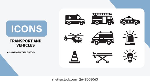 Transport and Vehicles Icon Bundle – Cars, Buses, Bikes, Ships, and Travel Symbols