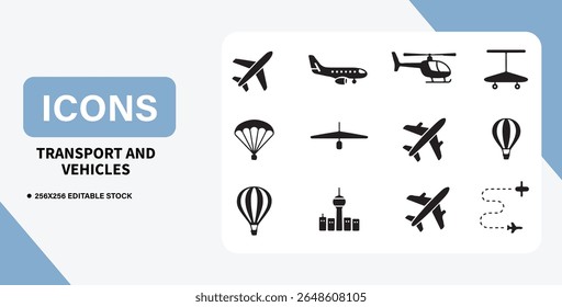Transport and Vehicles Icon Bundle – Cars, Buses, Bikes, Ships, and Travel Symbols