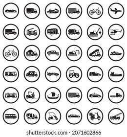 Transport And Vehicles Icons. Black Flat Design In Circle. Vector Illustration.