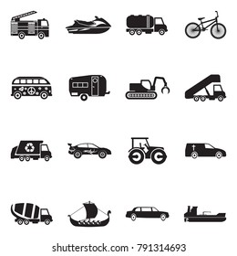 Transport And Vehicles Icons. Black Flat Design. Vector Illustration. 