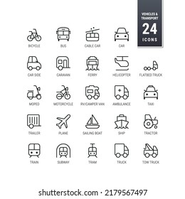 Transport and Vehicles Icons. Modern Line symbols. Car, Bike, RV Camper, Tractor and Truck. Public Transportation systems, Bus, Train, Subway, Underground and Tram - Scalable, Mono - Vector Icons