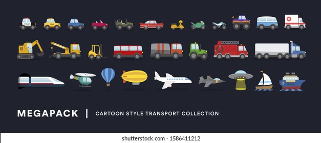 Transport vehicles Megapack. Cars, trucks, planes, train and other transports. Vector illustration. Funny cartoon style.