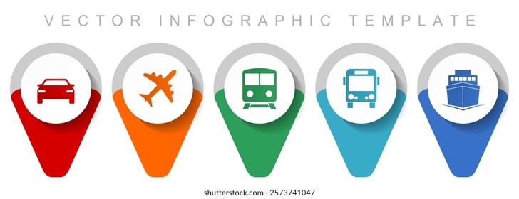 Transport and vehicles pointer collection, miscellaneous icons such as airplane, train, car, bus and ship, flat design vector infographic template in eps 10