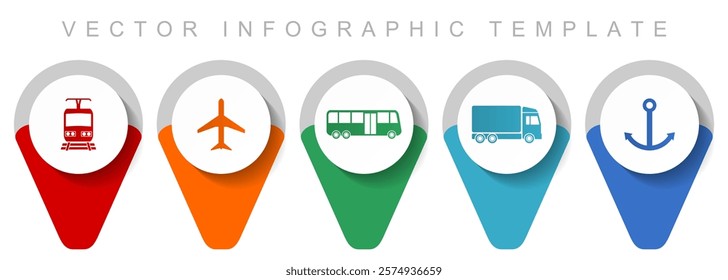 Transport and vehicles pointer collection, miscellaneous icons such as plane, bus, train, truck and anchor, flat design vector infographic template in eps 10