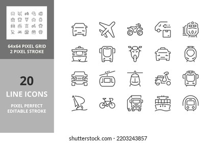 Juego de iconos de línea delgada para transporte y vehículos. Colección de símbolos de esquema. Razo vector modificable. 64 y 256 Pixel Perfecto escalable a 128px