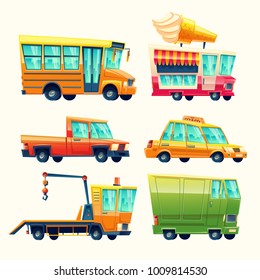 Transport vehicles vector cartoon icons. Isolated flat colorful public and passenger set of school bus or taxi and recovery tow truck, ice cream promo vending van and armored minivan or pickup car