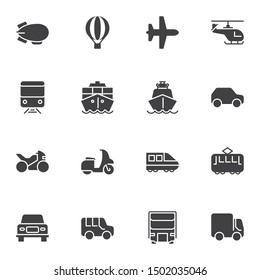 Transport vehicles vector icons set, modern solid symbol collection, filled style pictogram pack. Signs, logo illustration. Set includes icons as hot air balloon, plane, helicopter, scooter, train