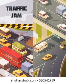 Transport vertical banners set with traffic jam symbols isometric isolated vector illustration 