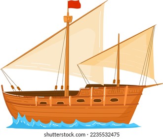 Transport vintage, sailing boat flood, ship sailing, sea cruise, isolated on white, design, flat style vector illustration.