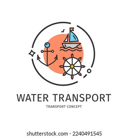 Transport Water Thin Line Icon Concept Include of Boat or Yacht. Vector illustration of Nautical Vessel