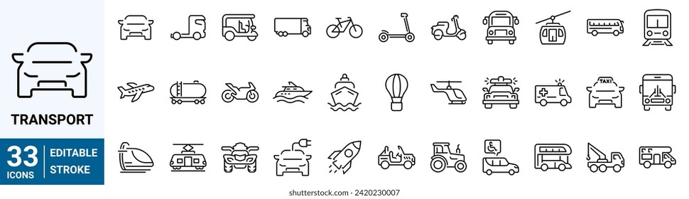 Transport web line icons. Containing car, bike, plane, train, bicycle, motorbike, bus and scooter. Editable stroke. Vector illustration