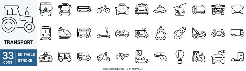 Transport web line icons. Containing car, bike, plane, train, bicycle, motorbike, bus and scooter. Editable stroke. Vector illustration