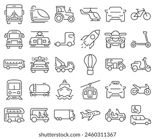 Iconos de línea de Web de transporte. Contiene coche, bicicleta, avión, tren, bicicleta, moto, autobús y scooter. Trazo editable. Ilustración vectorial