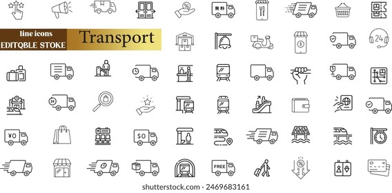 Transport web line icons. Containing car, bike, plane, train, bicycle, motorbike, bus and scooter.