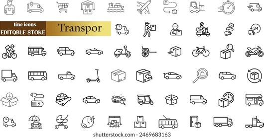 Transport web line icons. Containing car, bike, plane, train, bicycle, motorbike, bus and scooter.