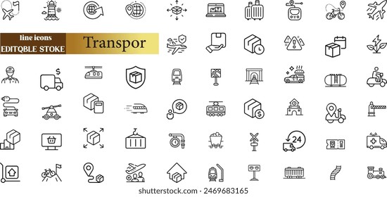 Transport web line icons. Containing car, bike, plane, train, bicycle, motorbike, bus and scooter.