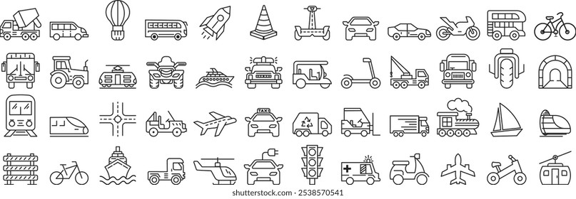 Transport web line icons. Containing car, bike, plane, train, bicycle, motorbike, bus and scooter eps 10