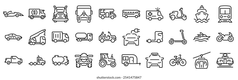 Iconos de línea de Web de transporte. Contiene coche, bici, avión, tren, bicicleta, moto, autobús y scooter. Trazo editable. Ilustración vectorial