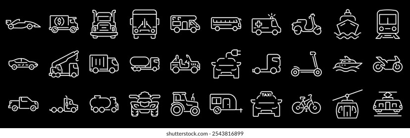 Transport web line icons. Containing car, bike, plane, train, bicycle, motorbike, bus and scooter. Editable stroke. Vector illustration