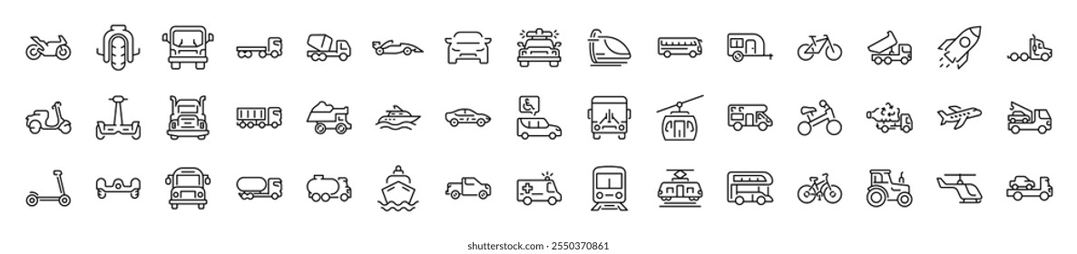 Transport web line icons. Containing car, bike, plane, train, bicycle, motorbike, bus and scooter. Editable stroke. Vector illustration