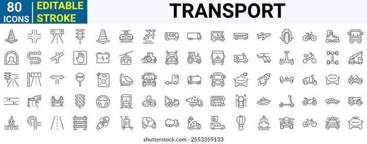 Transport web line icons. Containing car, bike, plane, train, bicycle, motorbike, bus and scooter. Editable stroke. Vector illustration