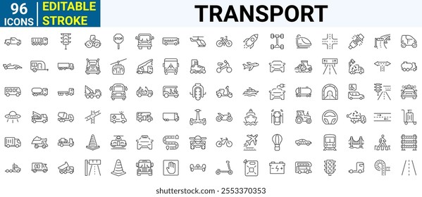 Transferir ícones de linha da Web. Contendo carro, bicicleta, avião, trem, bicicleta, moto, ônibus e scooter. Traçado editável. Ilustração vetorial