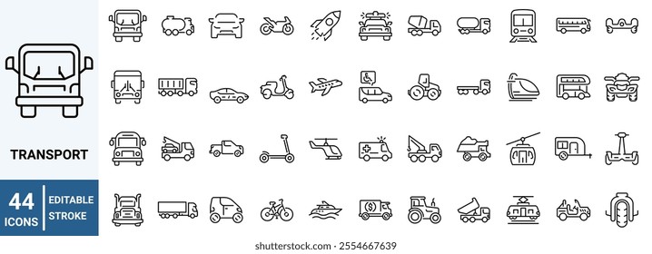 Transport web line icons. Containing car, bike, plane, train, bicycle, motorbike, bus and scooter. Editable stroke. Vector illustration