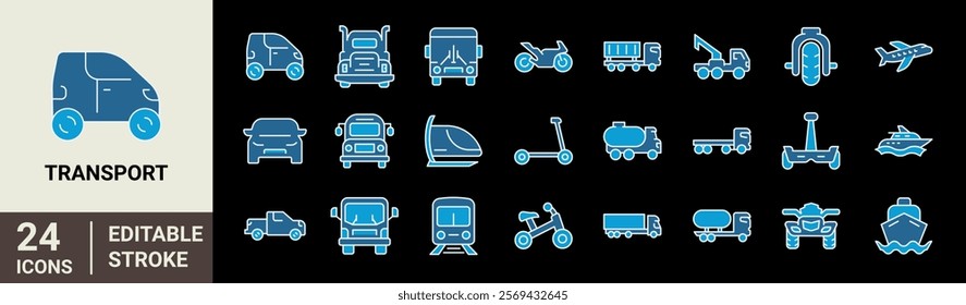 Transport web line icons. Containing car, bike, plane, train, bicycle, motorbike, bus and scooter. Editable stroke. Vector illustration