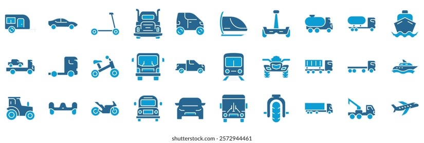 Transport web line icons. Containing car, bike, plane, train, bicycle, motorbike, bus and scooter. Editable stroke. Vector illustration