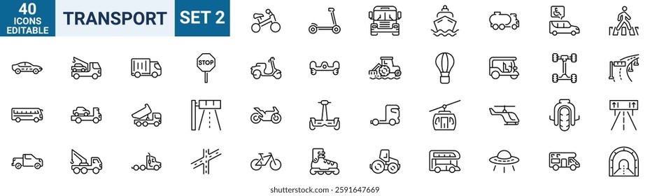 Transport web line icons. Containing car, bike, plane, train, bicycle, motorbike, bus and scooter. Editable stroke. Vector illustration