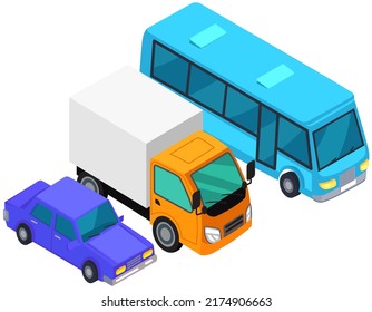 Transport while driving on roadway. Set of different automobiles, vehicles, lorry, coach. Moving around city by car, road traffic concept. Passenger car, truck and bus isolated on white background