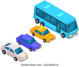 Transporte en carretera. Conjunto de automóviles coloridos, vehículos aislados en fondo blanco. Moviéndose por la ciudad en coche, concepto de tráfico. Vehículos de pasajeros y autoservicio de taxi