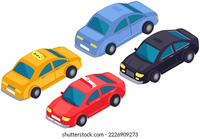 Verkehr auf der Straße. Set von bunten Autos, Fahrzeuge einzeln auf weißem Hintergrund. Mit dem Auto durch die Stadt fahren, Straßenverkehrskonzept. Personenkraftwagen und Personenkraftwagen
