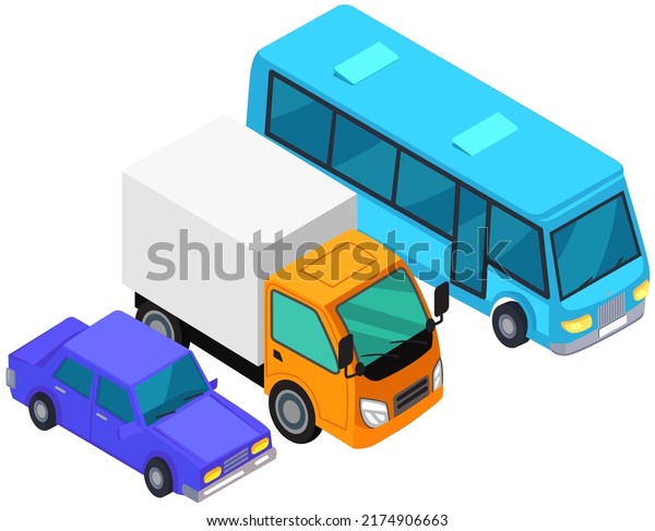 Transport while driving on roadway. Set of\
different automobiles, vehicles, lorry, coach. Moving around city\
by car, road traffic concept. Passenger car, truck and bus isolated\
on white background