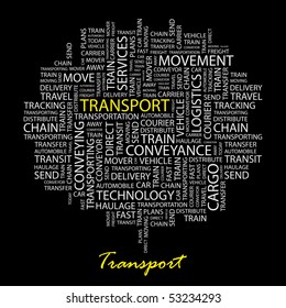 TRANSPORT. Word collage on black background. Vector illustration.