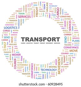 TRANSPORT. Word collage on white background. Illustration with different association terms.