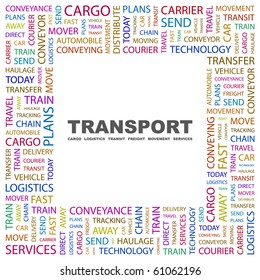 TRANSPORT. Word collage on white background. Illustration with different association terms.