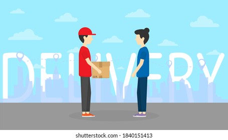 Transport worker. Delivery Man Holding box to give customer with city scape and sky background.
Shopping. Transportation concept. Business concept. 