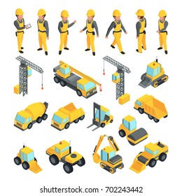 Transport and workers for construction buildings. Vector pictures in isometric style. Building worker and equipment transport illustration