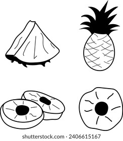 Transport your designs to a tropical paradise with this pineapple quartet vector lineart, a stylish representation of exotic fruit. Ideal for projects seeking a touch of elegance with a focus on pinea