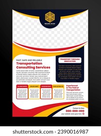 transportaion consulting services flyer template designs with space for photo. Combination red, blue and yellow on element, white on background. Vertical layout of ads with infographic coloumn.