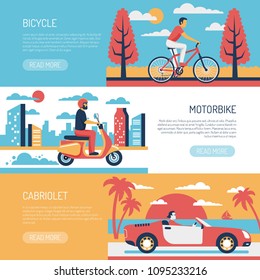 Transportation 3 flat horizontal retro banners website design with people riding bicycle motorbike in cabriolet vector illustration 